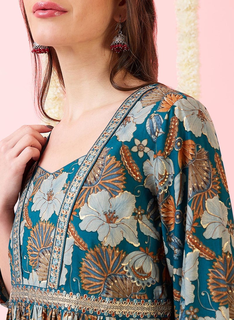 Globus Women Sweetheart Neck Embroidered Foil Floral Print Gathered A-Line Festive Maxi Dress - Image 5